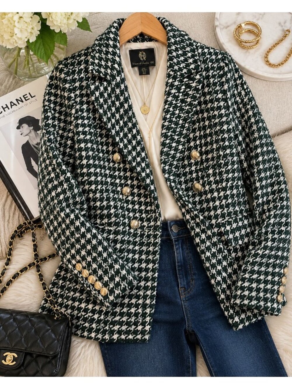House of Harlow 1960 Blazer Jacket Medium Green White Houndstooth Gold Buttons